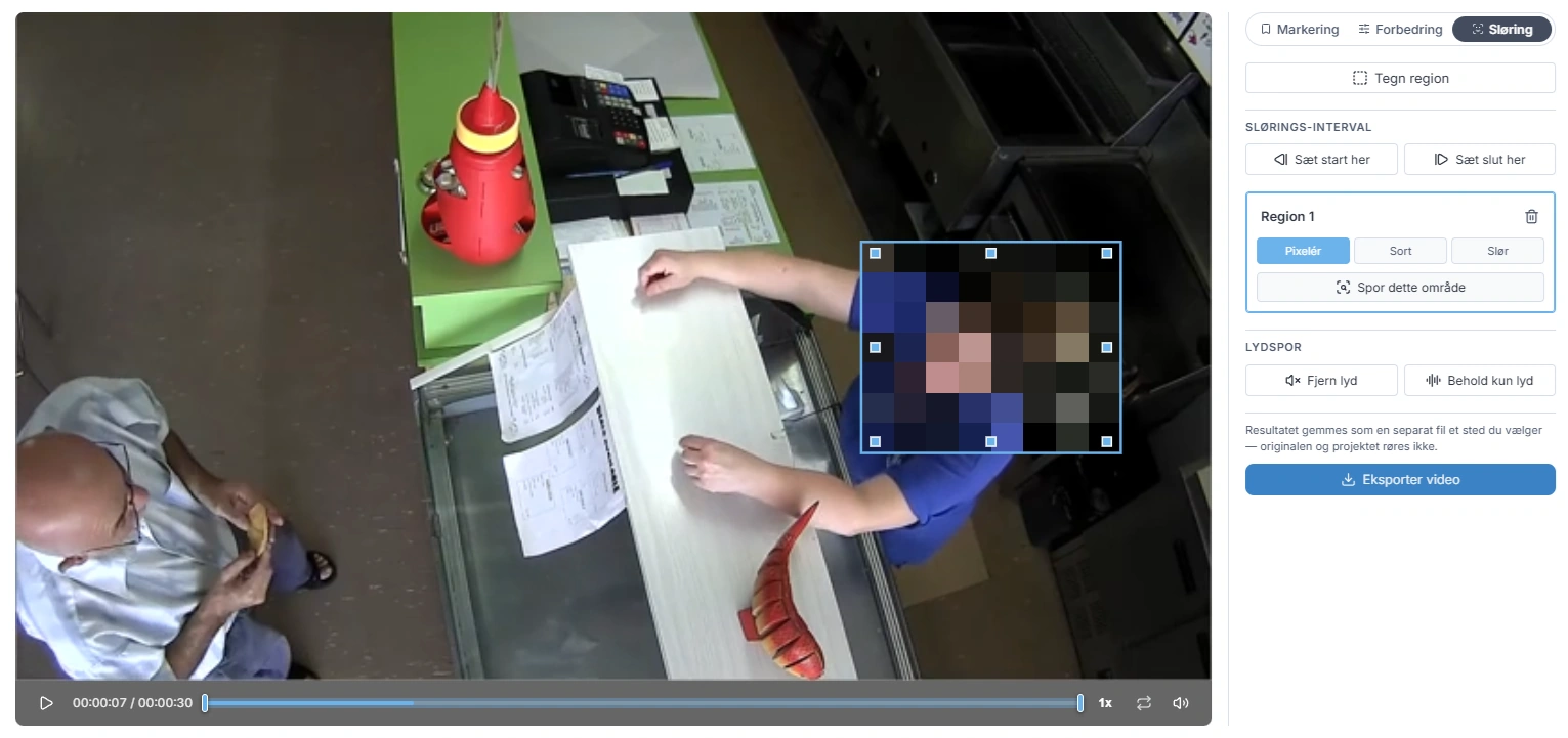 Video-anonymisering med markeret region og automatisk objektsporing gennem videoen