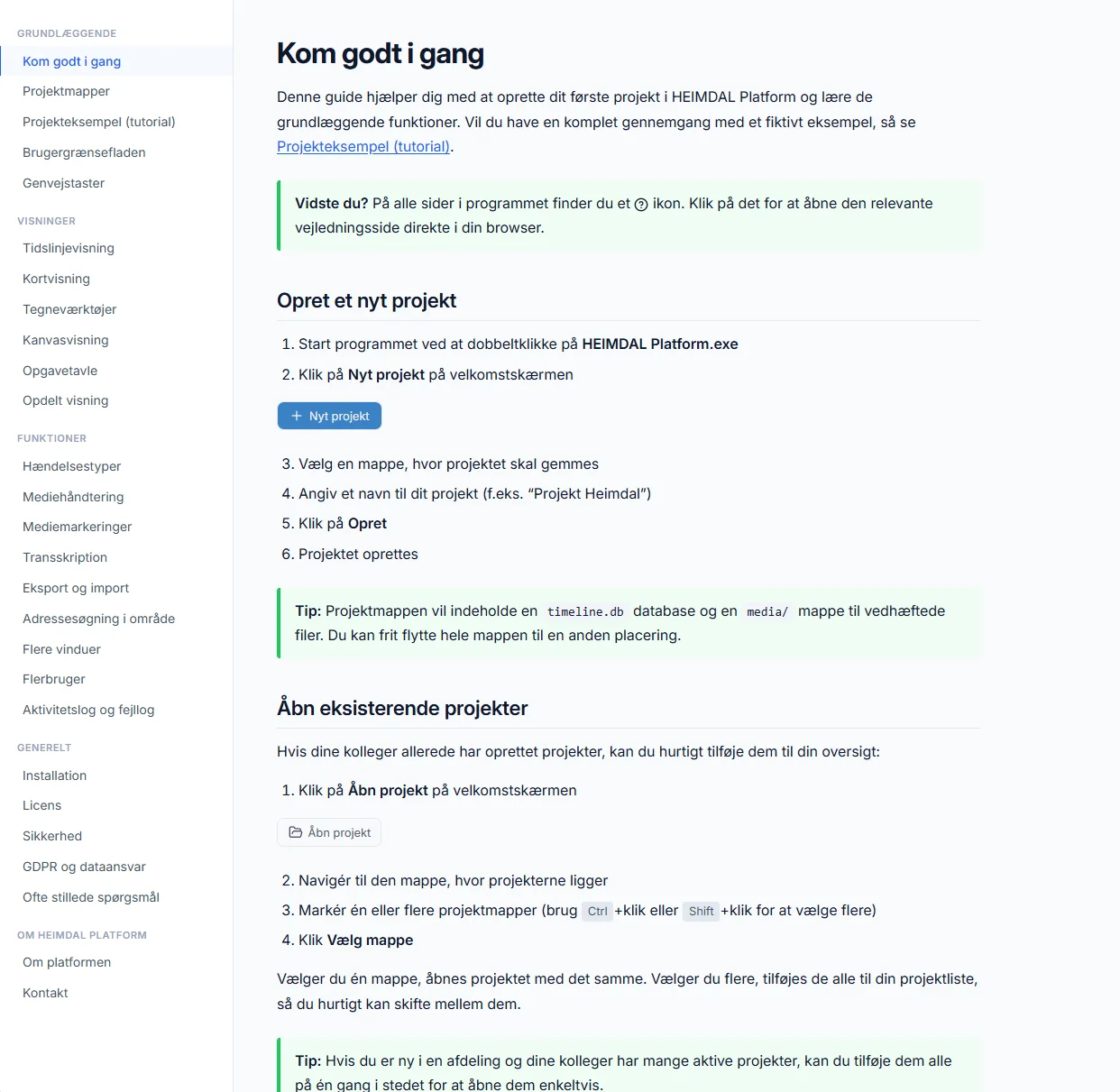 Dokumentationsside med guides og vejledninger