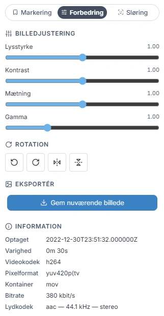 Forbedring-panel med justering af lysstyrke, kontrast, mætning, gamma og rotation